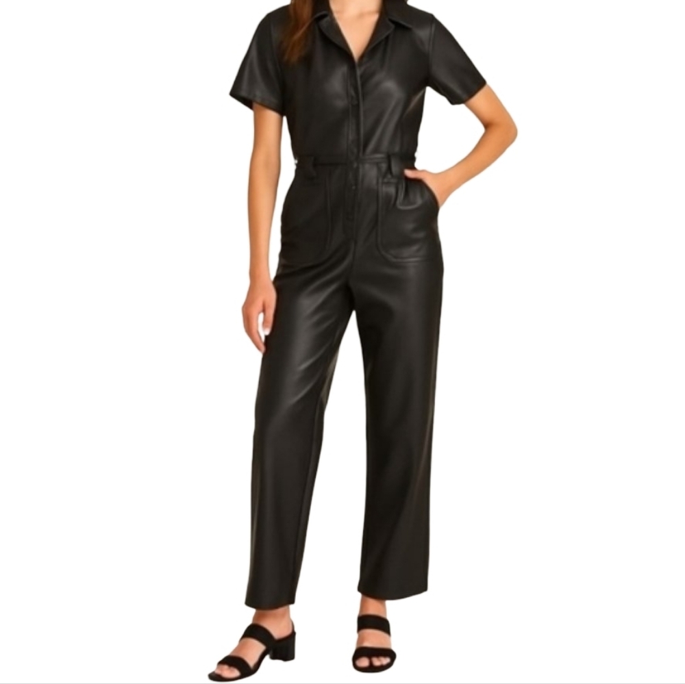 BAGATELLE NYC Black Vegan Faux Leather Utility Jumpsuit NWT S